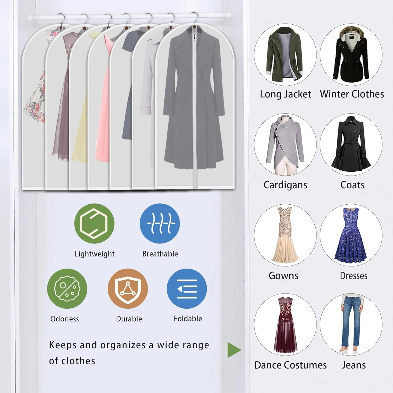 Hanging Garment Bags 7 Piece Set - 60 Inch Translucent Dust Proof Clothes Bag White Breathable Full Zipper Dust Cover for Suit Dance Costumes Gown Dress.