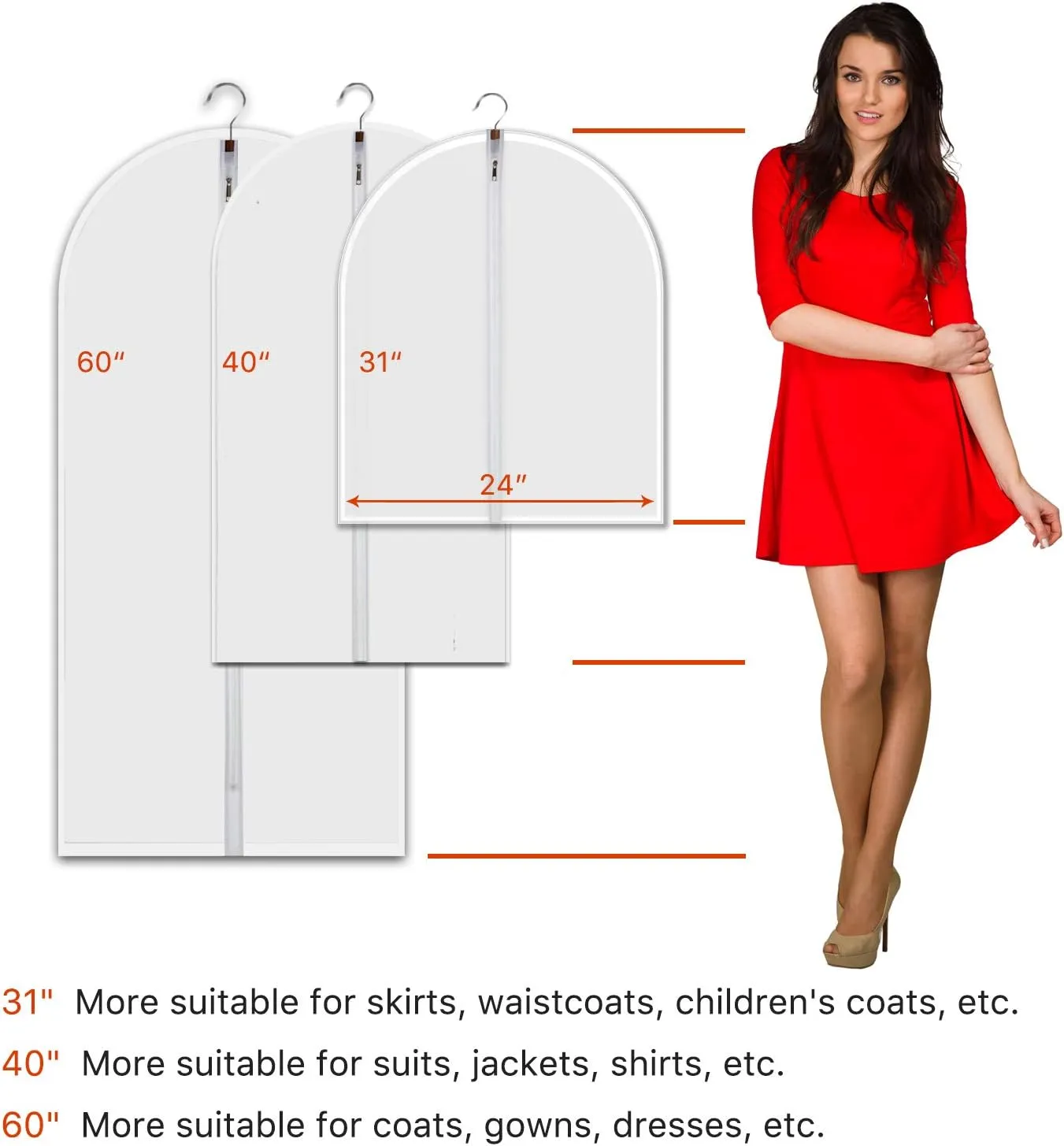 Hanging Garment Bags 7 Piece Set - 60 Inch Translucent Dust Proof Clothes Bag White Breathable Full Zipper Dust Cover for Suit Dance Costumes Gown Dress.