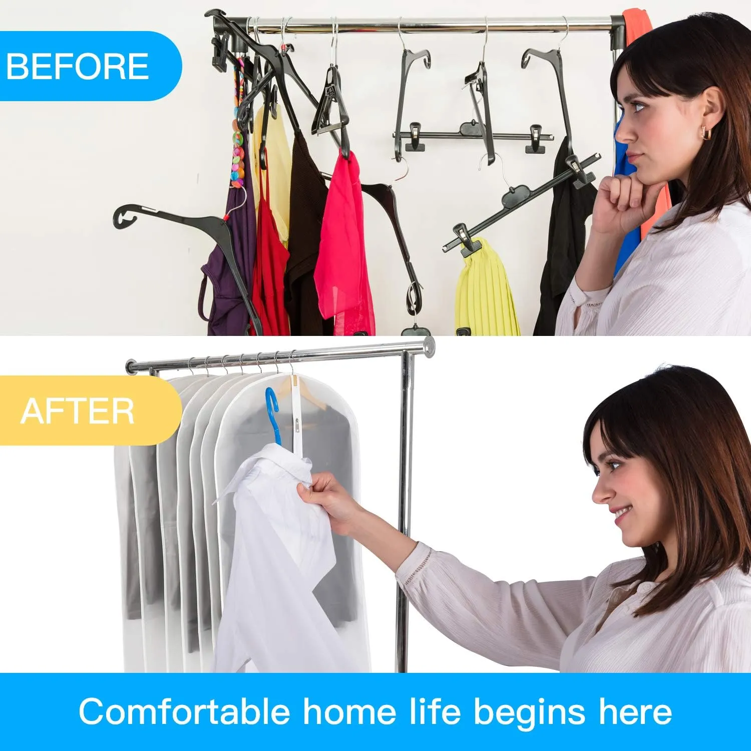 Hanging Garment Bags 7 Piece Set - 60 Inch Translucent Dust Proof Clothes Bag White Breathable Full Zipper Dust Cover for Suit Dance Costumes Gown Dress.