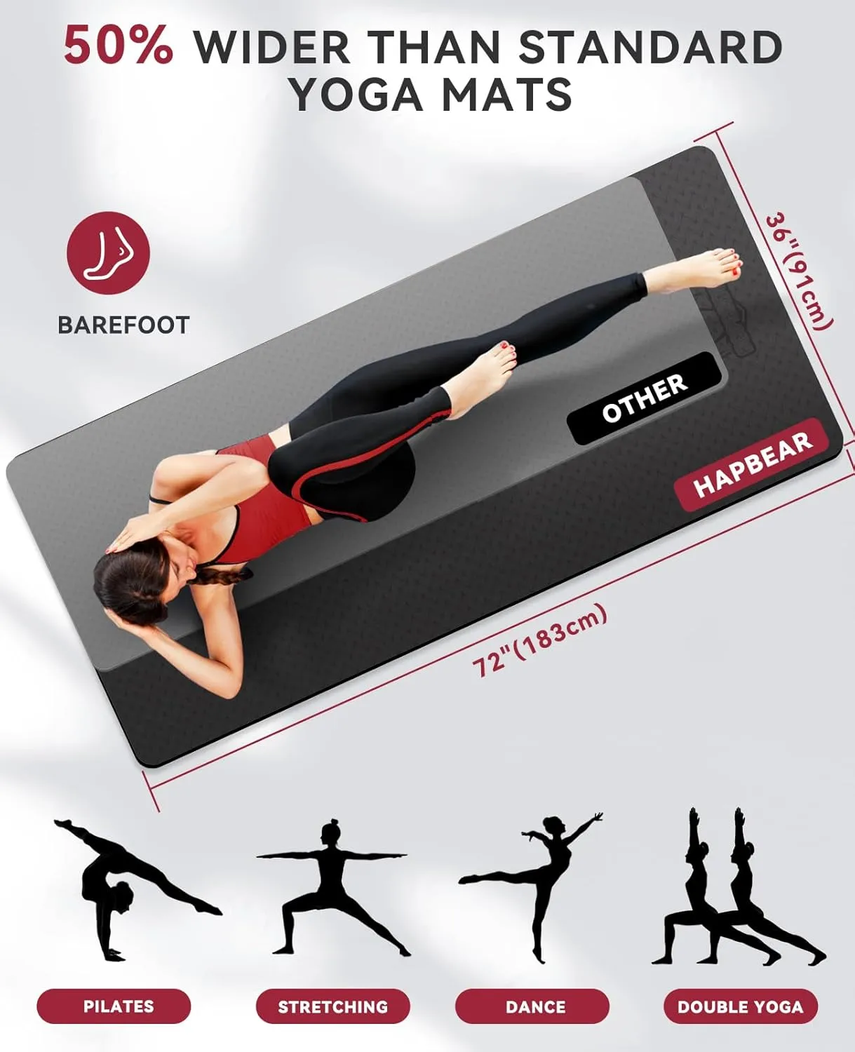 HAPBEAR Large Yoga Mat - 72"x36"x6mm (1/4 inch), Extra Wide Non-Slip Exercise Mat for Home Workout, Yoga, Pilates & Stretching, Durable & Eco-Friendly, Includes Bonus Resistance Bands & Carry Bag