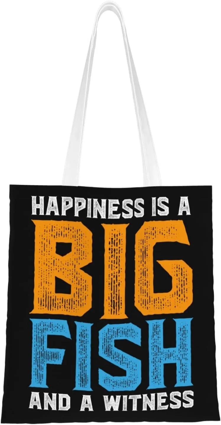 Happiness Is A Big Fish And A Witness Tote Bag for Women Canvas Shopping Bags Reusable Beach Bag Grocery Bags Tote Shoulder Bag Gift Bags