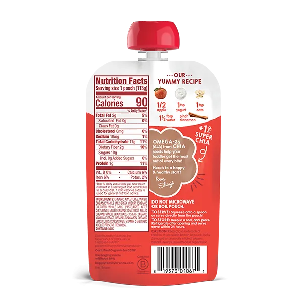Happy Baby Happy Tot Super Morning - Apple, Cinnamon, Yoghurt & Oats   Super Chia, 4oz/113g (2 PACK BUNDLE) Exp:
