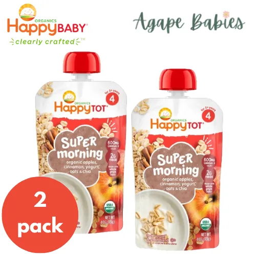 Happy Baby Happy Tot Super Morning - Apple, Cinnamon, Yoghurt & Oats   Super Chia, 4oz/113g (2 PACK BUNDLE) Exp: