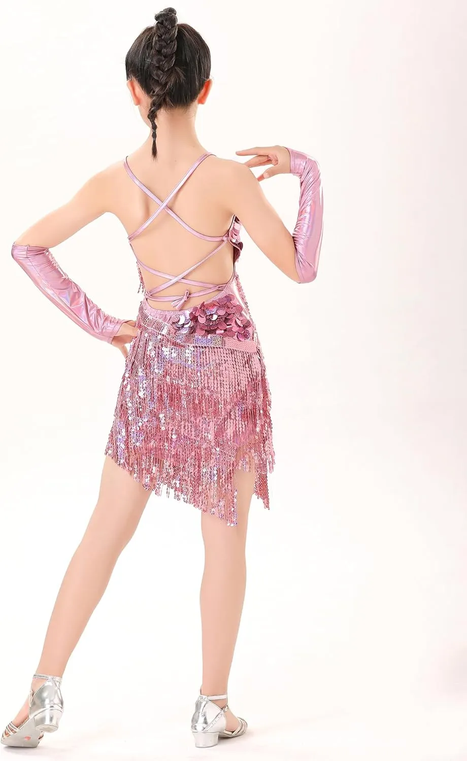 Happy Cherry Dance Costumes for Girls Sequin Fringe Latin Jazz Dance Dress with Sleeves Kids Sparkly Tassel Swift Outfit