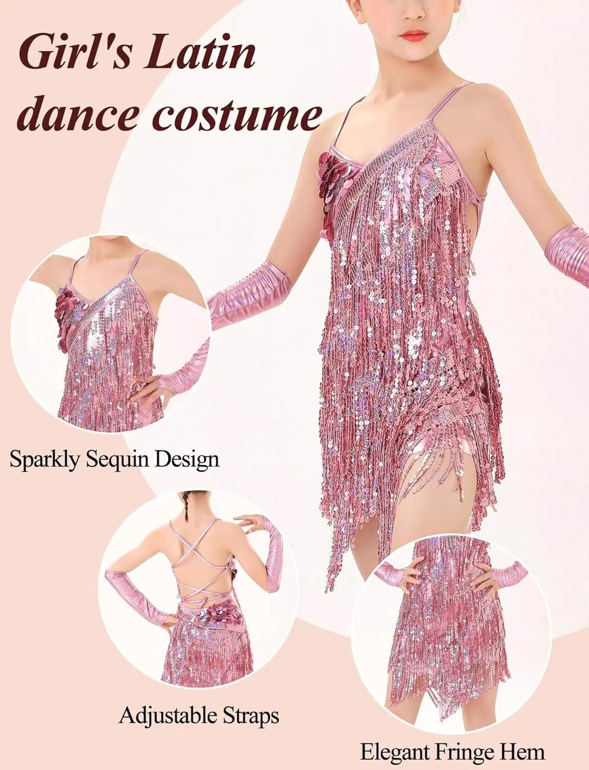 Happy Cherry Dance Costumes for Girls Sequin Fringe Latin Jazz Dance Dress with Sleeves Kids Sparkly Tassel Swift Outfit