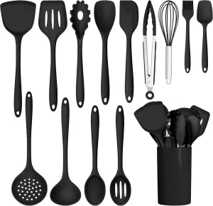 HaWare Kitchen Utensils, 14 PCS Silicone Cooking Utensils Set, Heat Resistant Kitchen Utensils for Non-stick Cookware, Kitchen Gadgets Tools with Spoons, Spatulas, Whisk, Dishwasher Safe (Black)