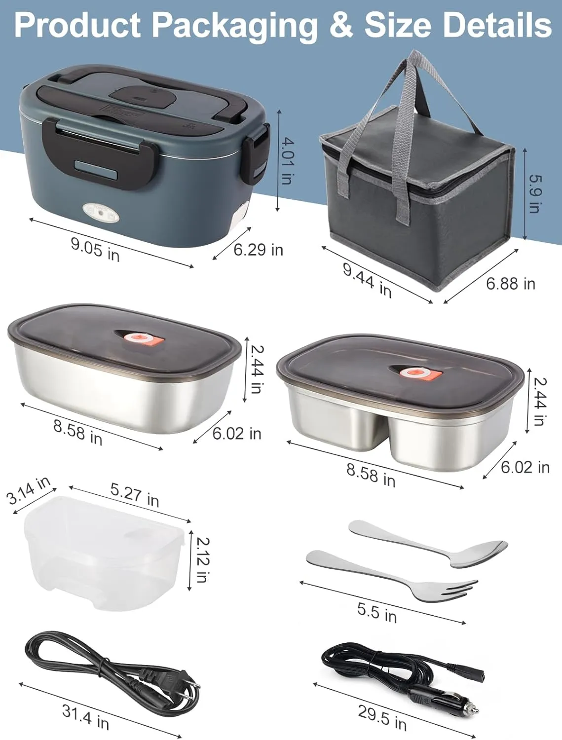 Heated Lunch Box, 80W Electric Lunch Box with Two 1.5L Stainless Steel Interchangeable Containers and Lids, 12V/24V/110V Food Warmer with Utensils and Insulated Bag for Car/Truck/Office (Black)