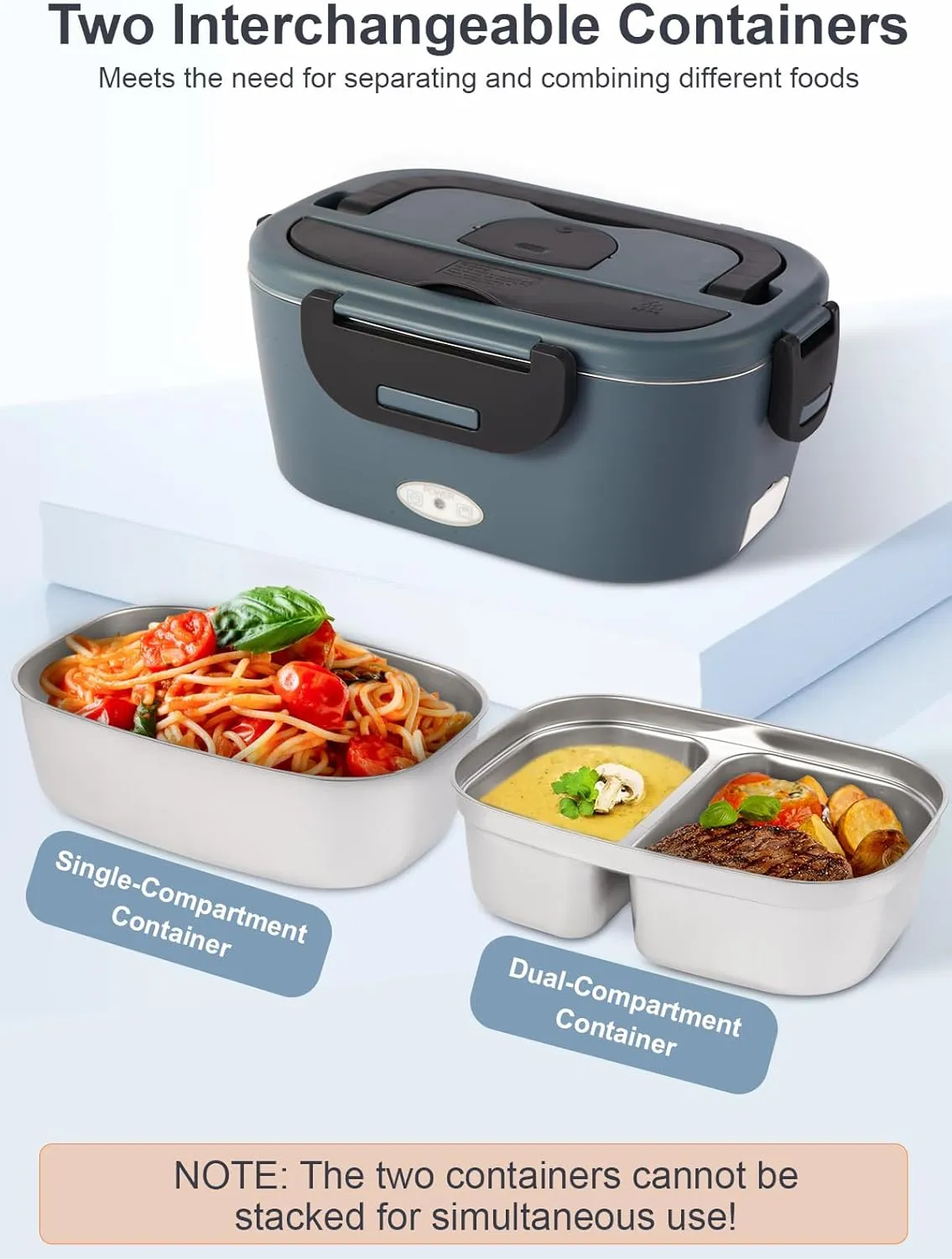 Heated Lunch Box, 80W Electric Lunch Box with Two 1.5L Stainless Steel Interchangeable Containers and Lids, 12V/24V/110V Food Warmer with Utensils and Insulated Bag for Car/Truck/Office (Black)