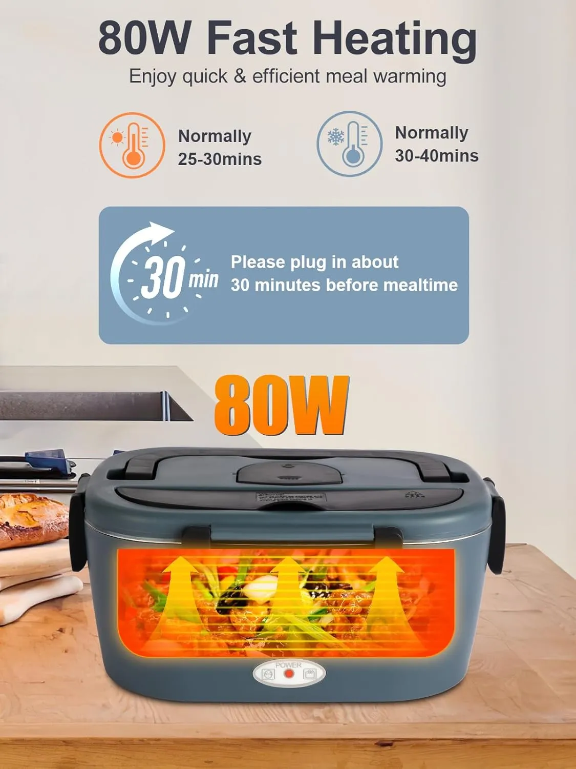 Heated Lunch Box, 80W Electric Lunch Box with Two 1.5L Stainless Steel Interchangeable Containers and Lids, 12V/24V/110V Food Warmer with Utensils and Insulated Bag for Car/Truck/Office (Black)