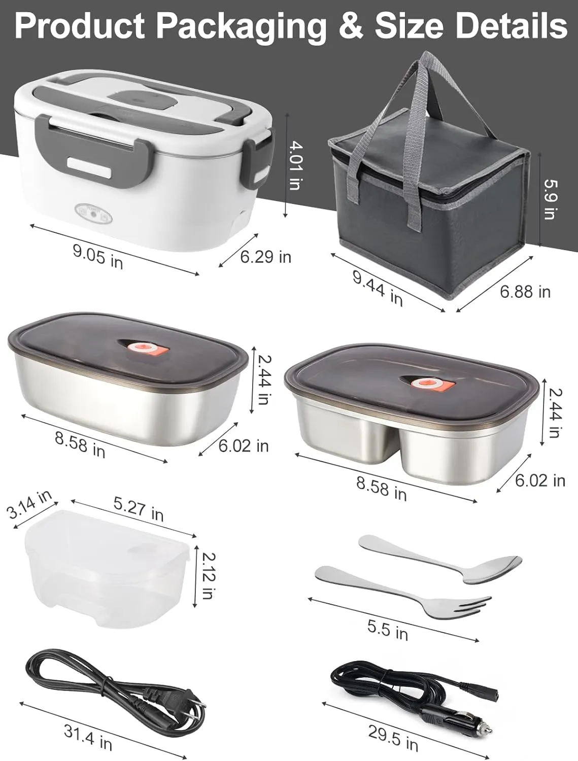 Heated Lunch Box, 80W Electric Lunch Box with Two 1.5L Stainless Steel Interchangeable Containers and Lids, 12V/24V/110V Food Warmer with Utensils and Insulated Bag for Car/Truck/Office (White)