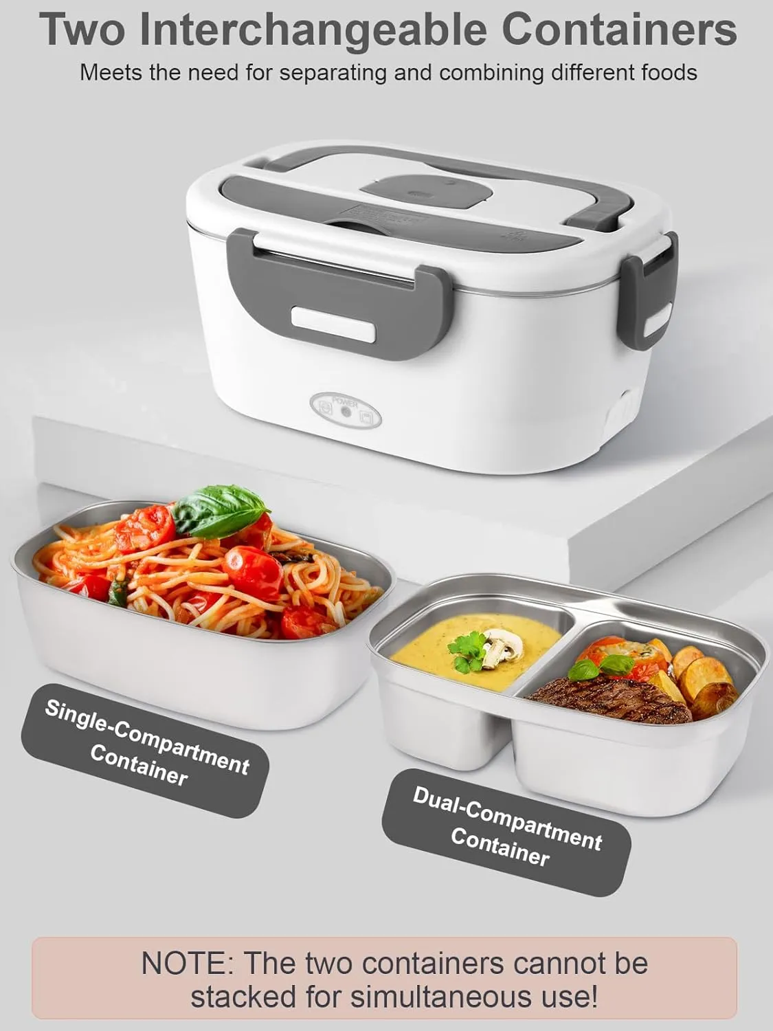 Heated Lunch Box, 80W Electric Lunch Box with Two 1.5L Stainless Steel Interchangeable Containers and Lids, 12V/24V/110V Food Warmer with Utensils and Insulated Bag for Car/Truck/Office (White)
