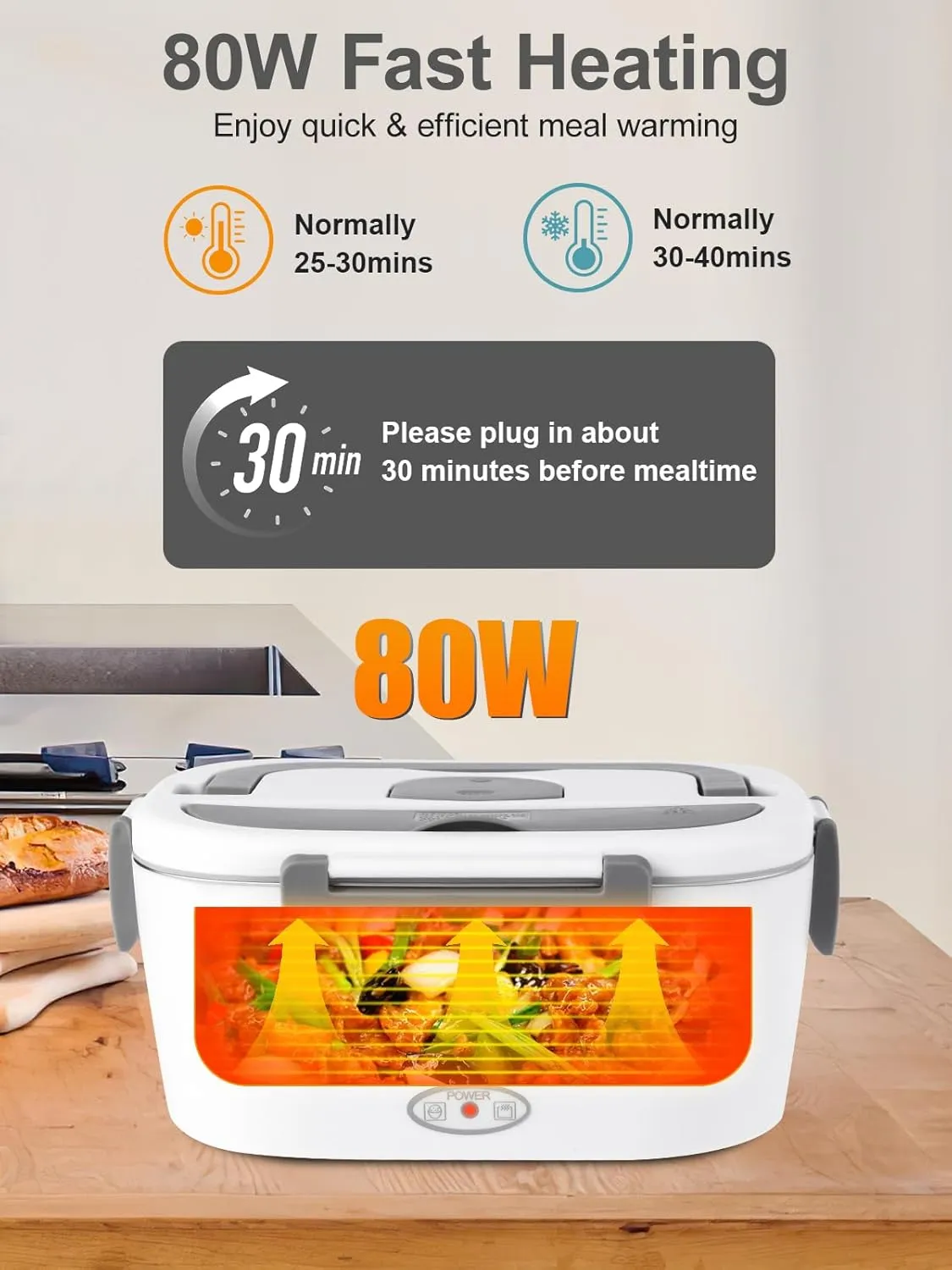 Heated Lunch Box, 80W Electric Lunch Box with Two 1.5L Stainless Steel Interchangeable Containers and Lids, 12V/24V/110V Food Warmer with Utensils and Insulated Bag for Car/Truck/Office (White)