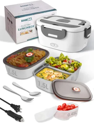 Heated Lunch Box, 80W Electric Lunch Box with Two 1.5L Stainless Steel Interchangeable Containers and Lids, 12V/24V/110V Food Warmer with Utensils and Insulated Bag for Car/Truck/Office (White)