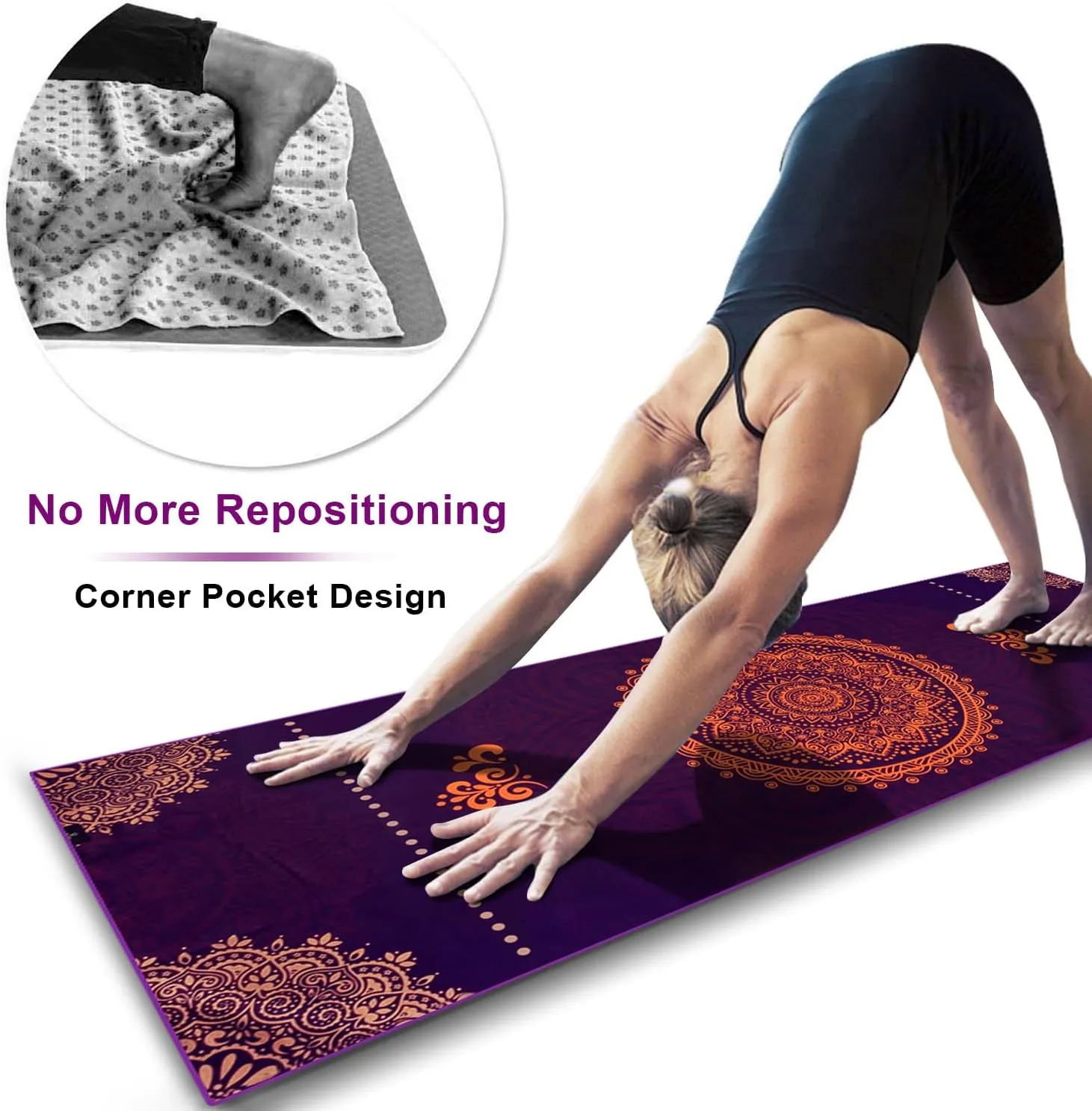 Heathyoga Non Slip Hot Yoga Towel, 100% Microfiber Non Slip Yoga Mat Towel for Hot Yoga, Pilates and Fitness, Exclusive Corner Pockets Design   Free Spray Bottle