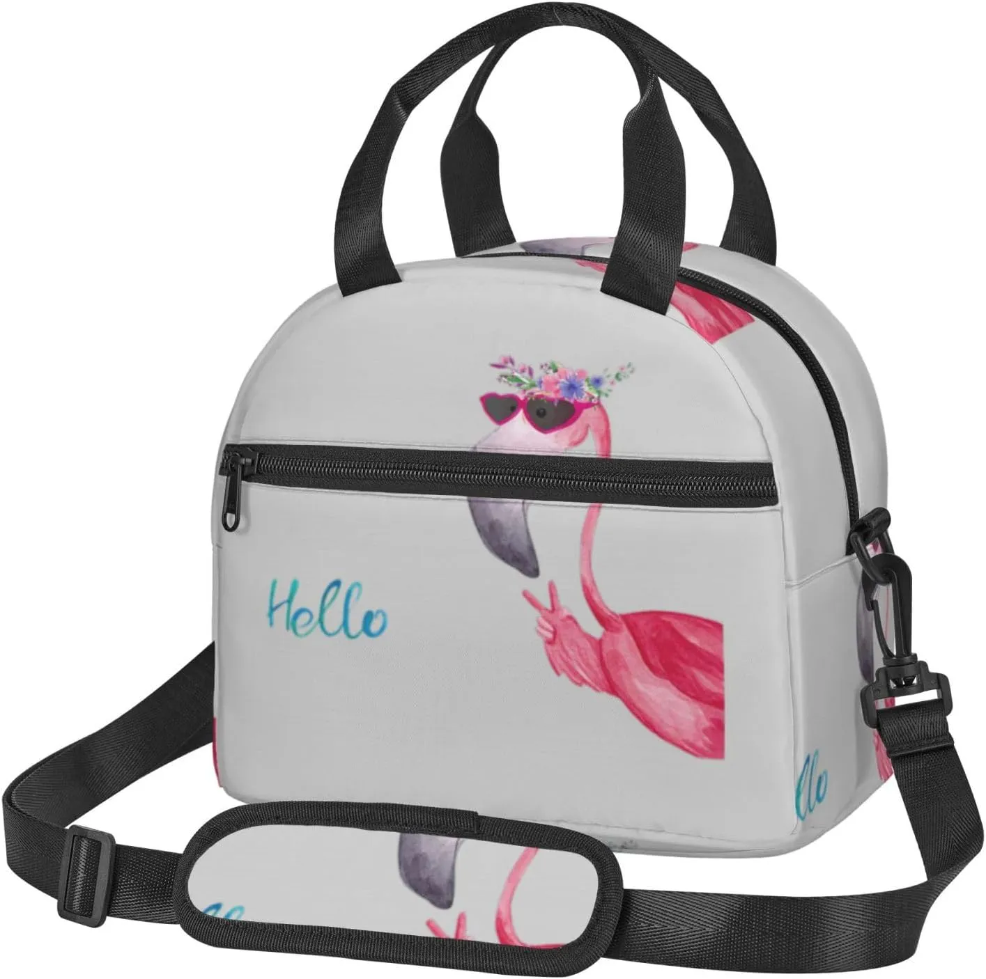 Hello Glasses Flamingo Print Foods Insulated Lunch Bag Cute Tote Box Leakproof Cooler Adjustable Shoulder Strap