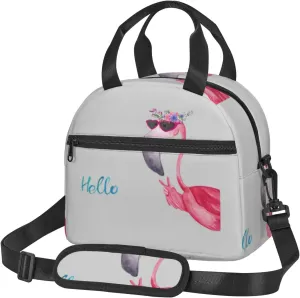 Hello Glasses Flamingo Print Foods Insulated Lunch Bag Cute Tote Box Leakproof Cooler Adjustable Shoulder Strap