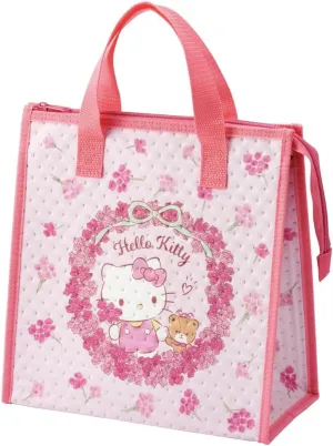 Hello Kitty Insulated Lunch Bag, Non-Woven Cooler Tote with Zipper, Flower Wreath Design, Sanrio Lunch Box Bag