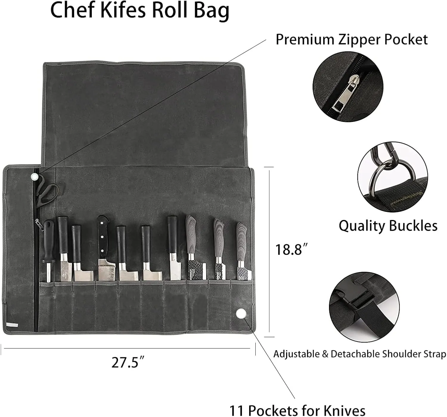 HERSENT Chef’s Knife Roll Bag,Waxed Canvas Knife Cultery Carrier, Portable Chef Knife Cases,Knife Pouch Holders With 10 Slots Plus 1 Zipper Pockets Can Hold Home Kitchen Knife Tools Up To 18.8”