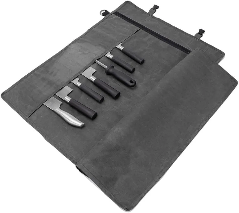 HERSENT Chef’s Knife Roll Bag,Waxed Canvas Knife Cultery Carrier, Portable Chef Knife Cases,Knife Pouch Holders With 10 Slots Plus 1 Zipper Pockets Can Hold Home Kitchen Knife Tools Up To 18.8”
