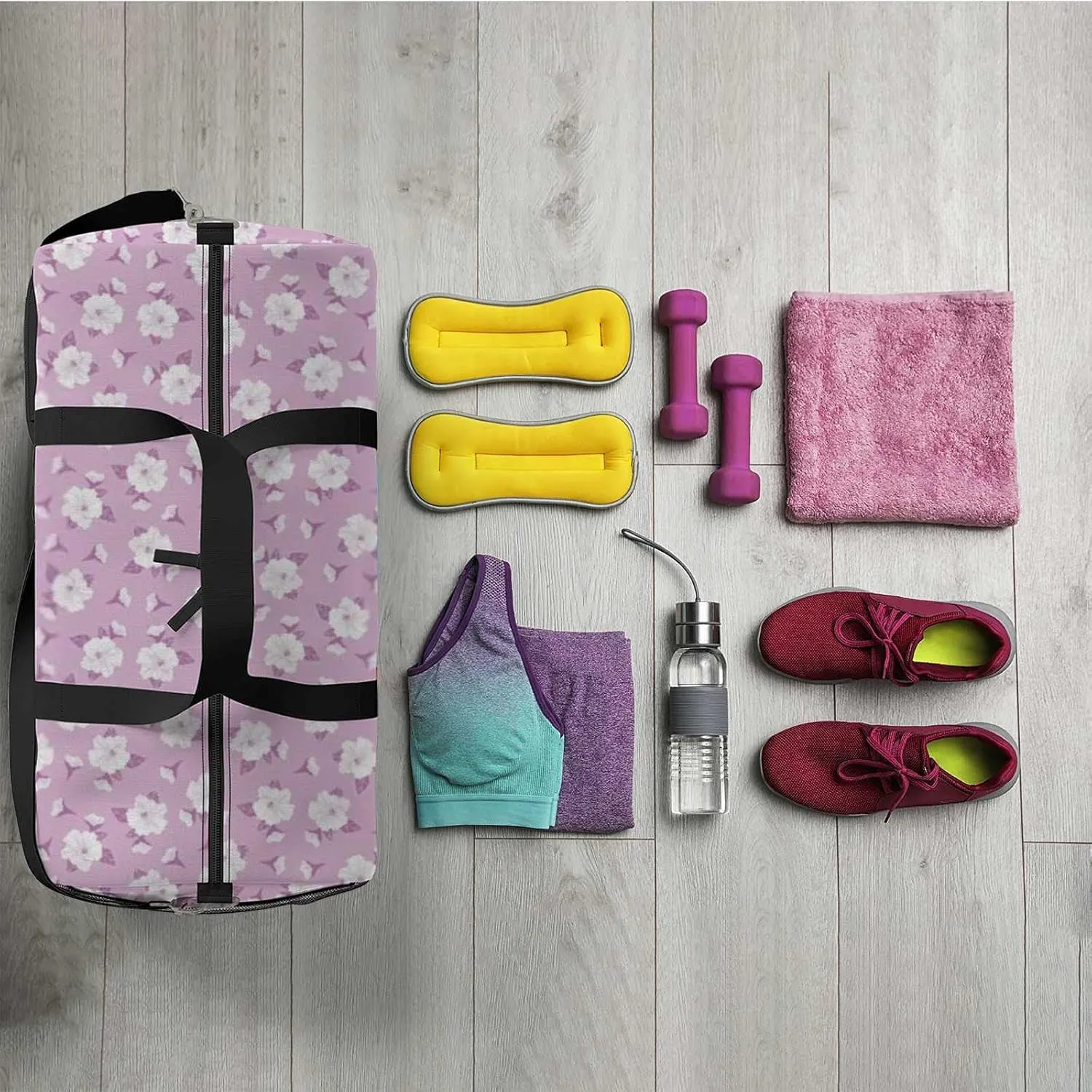 Hibiscus Flower Purple Sports Duffel Bag Travel Gym Tote Bags Lightweight Durable Shoulder Strap Waterproof Polyester Outside Mesh Pocket Overnight Trip Duffel Bag for Women Men