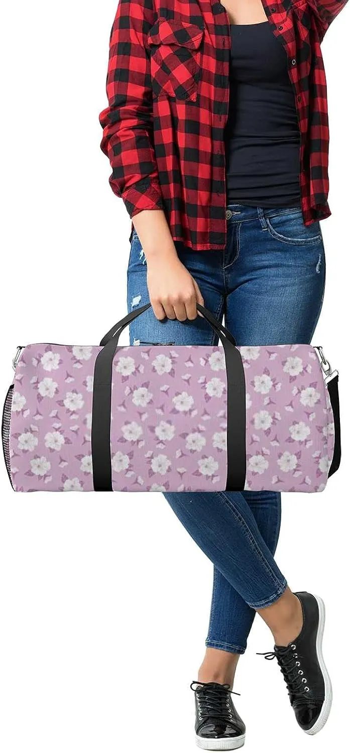 Hibiscus Flower Purple Sports Duffel Bag Travel Gym Tote Bags Lightweight Durable Shoulder Strap Waterproof Polyester Outside Mesh Pocket Overnight Trip Duffel Bag for Women Men