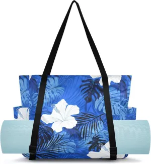 Hibiscus Leaves Profound Blue Yoga Mat Bag for Women Water-Resistant Gym Bag with Yoga Mat Holder Tote Bag for Yoga Mat Blocks