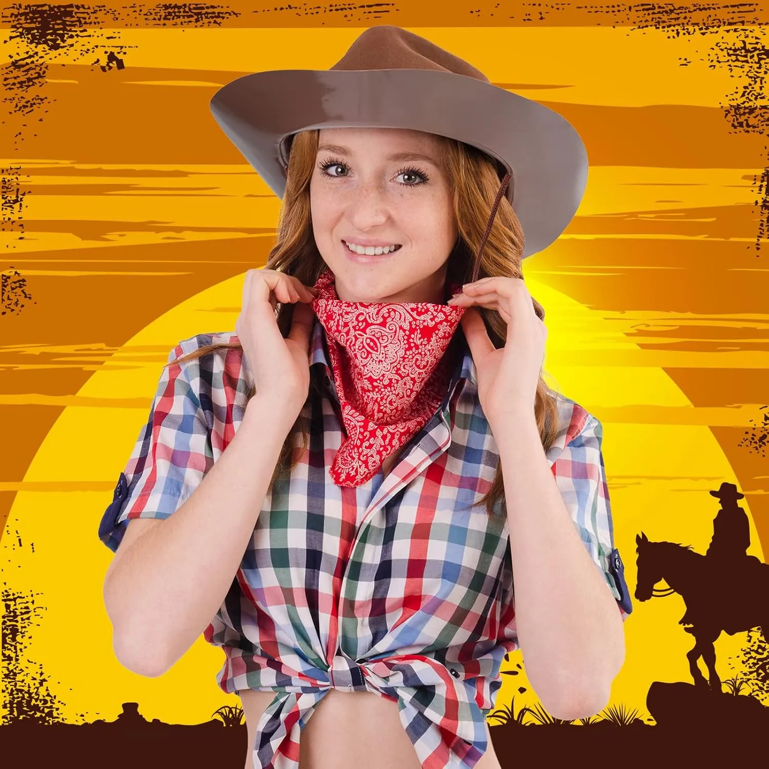 Hicarer 12 Pieces Western Cowboy Hat Set Plastic Felt Wide Brimmed Felt Cowgirl Party Hat for Men Women Costume Party