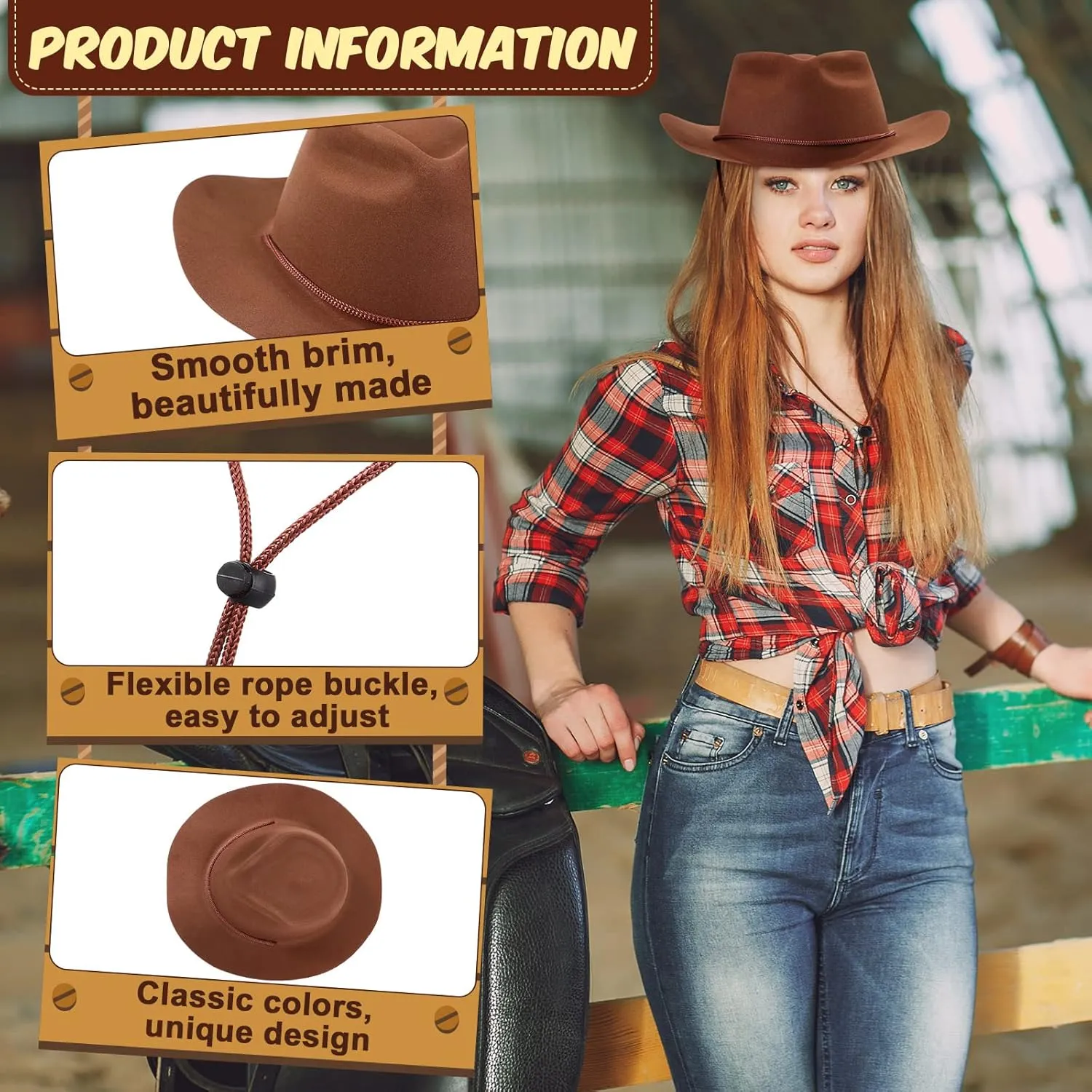 Hicarer 12 Pieces Western Cowboy Hat Set Plastic Felt Wide Brimmed Felt Cowgirl Party Hat for Men Women Costume Party