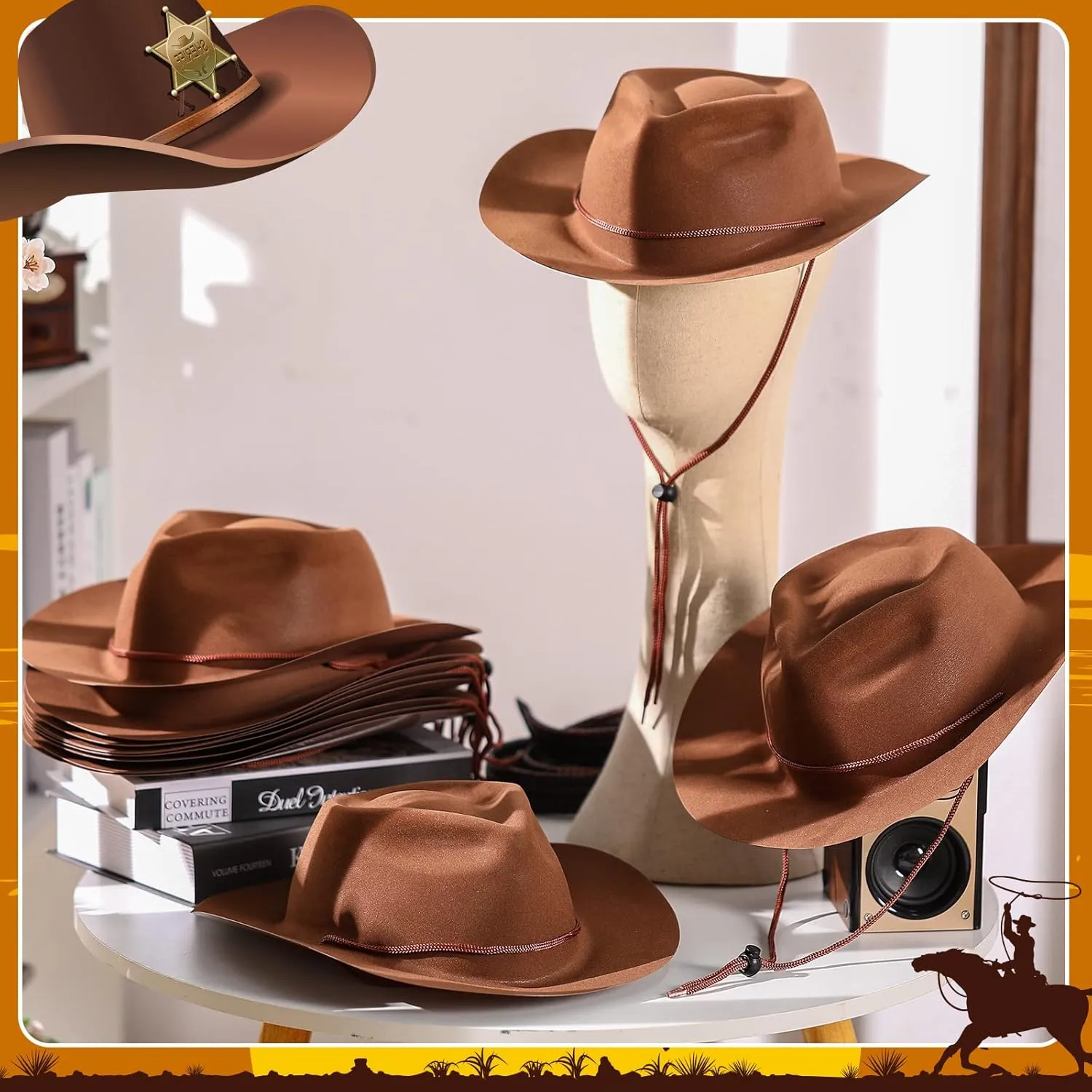 Hicarer 12 Pieces Western Cowboy Hat Set Plastic Felt Wide Brimmed Felt Cowgirl Party Hat for Men Women Costume Party