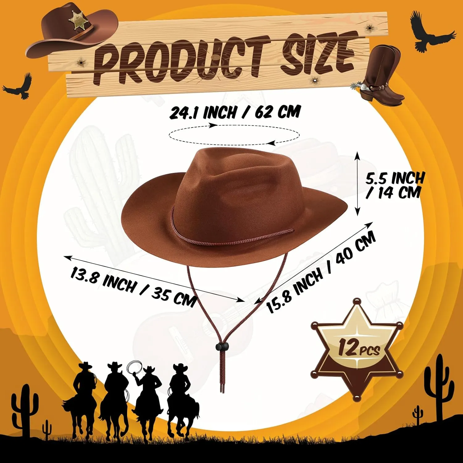 Hicarer 12 Pieces Western Cowboy Hat Set Plastic Felt Wide Brimmed Felt Cowgirl Party Hat for Men Women Costume Party