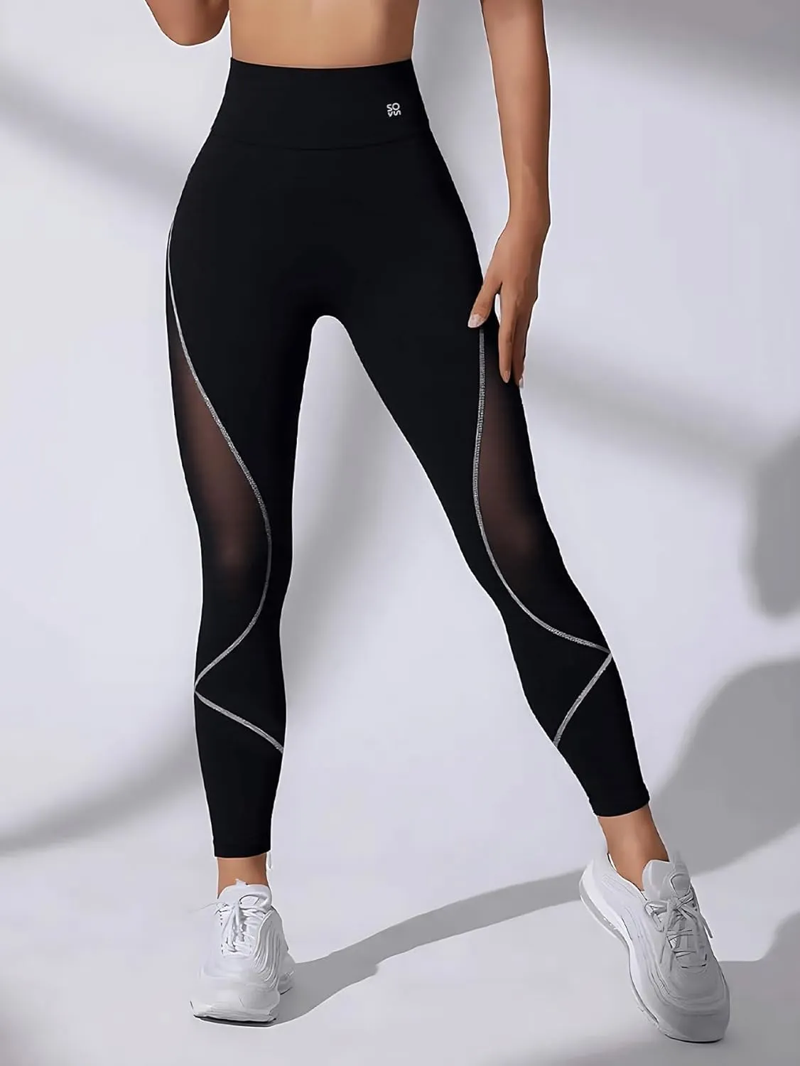 High Waist Mesh Panel Workout Leggings, Black with Silver Trim, Athletic Yoga Pants