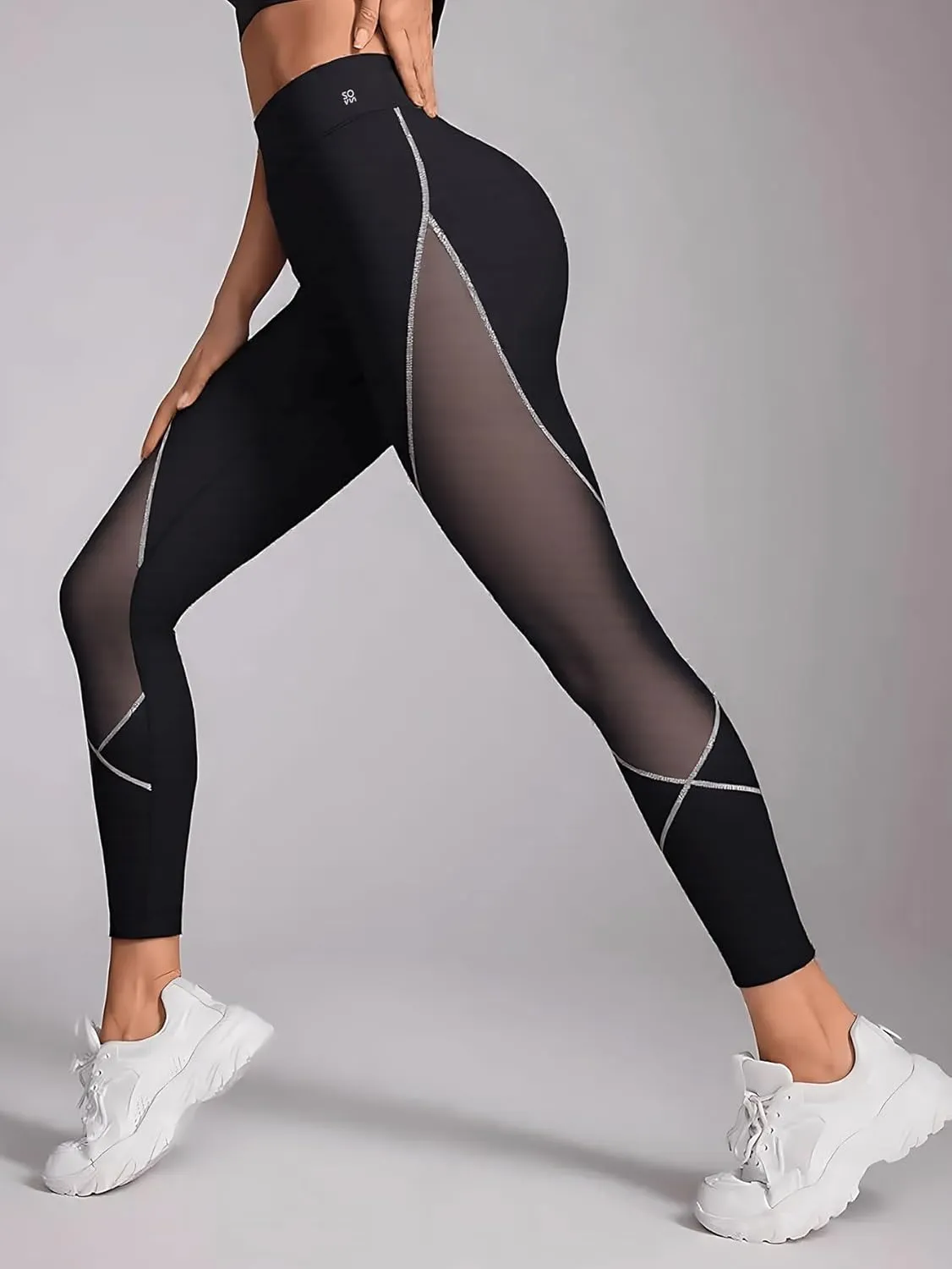 High Waist Mesh Panel Workout Leggings, Black with Silver Trim, Athletic Yoga Pants