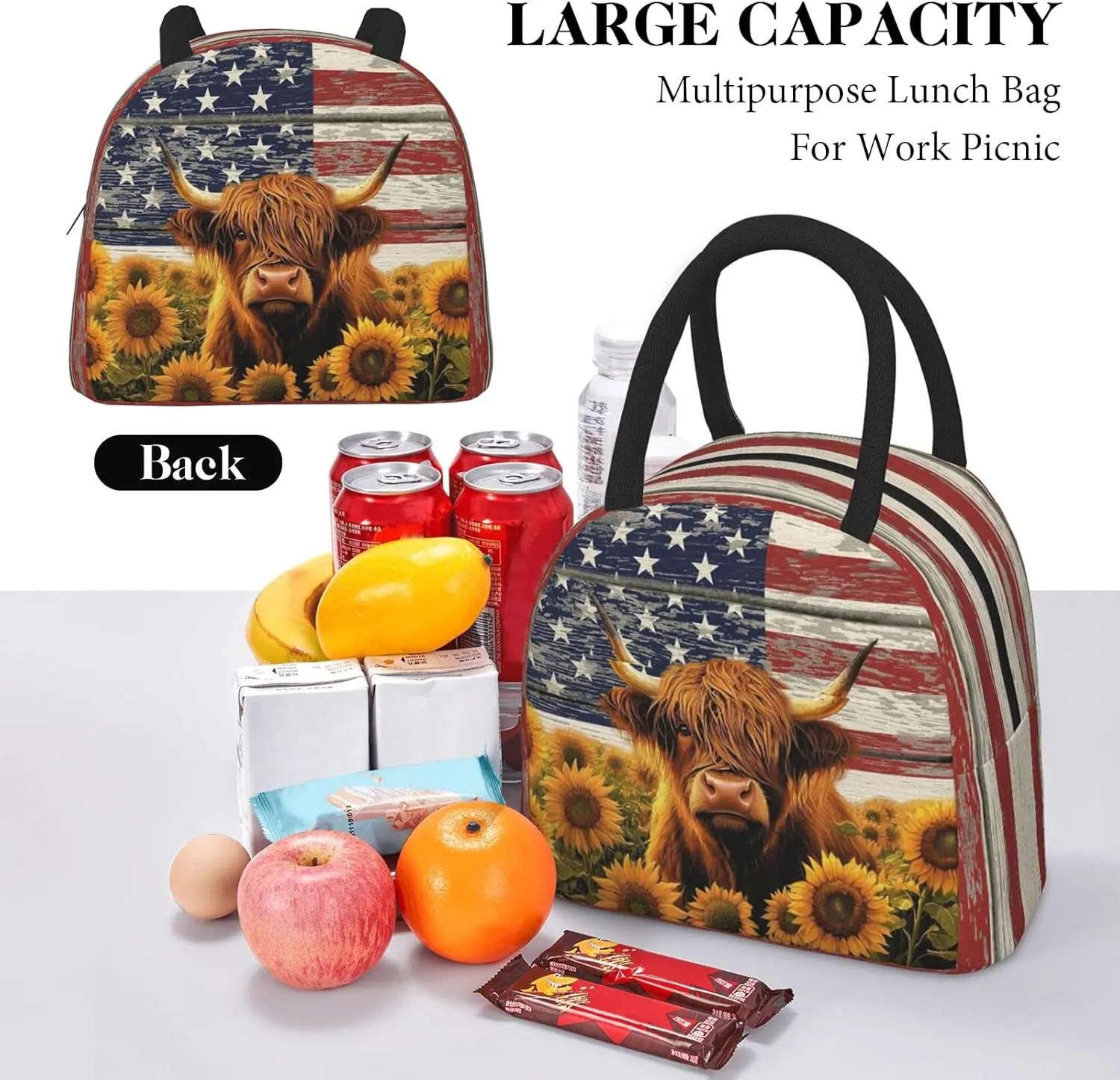Highland Cow Lunch Bag for Women Sunflower Cow Controller Insulated Lunch Bag American Flag Cow Lunch Box Reusable Waterproof Leakproof Portable Lunch Tote for Work Office Travel Picnic Camping