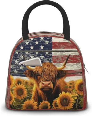 Highland Cow Lunch Bag for Women Sunflower Cow Controller Insulated Lunch Bag American Flag Cow Lunch Box Reusable Waterproof Leakproof Portable Lunch Tote for Work Office Travel Picnic Camping