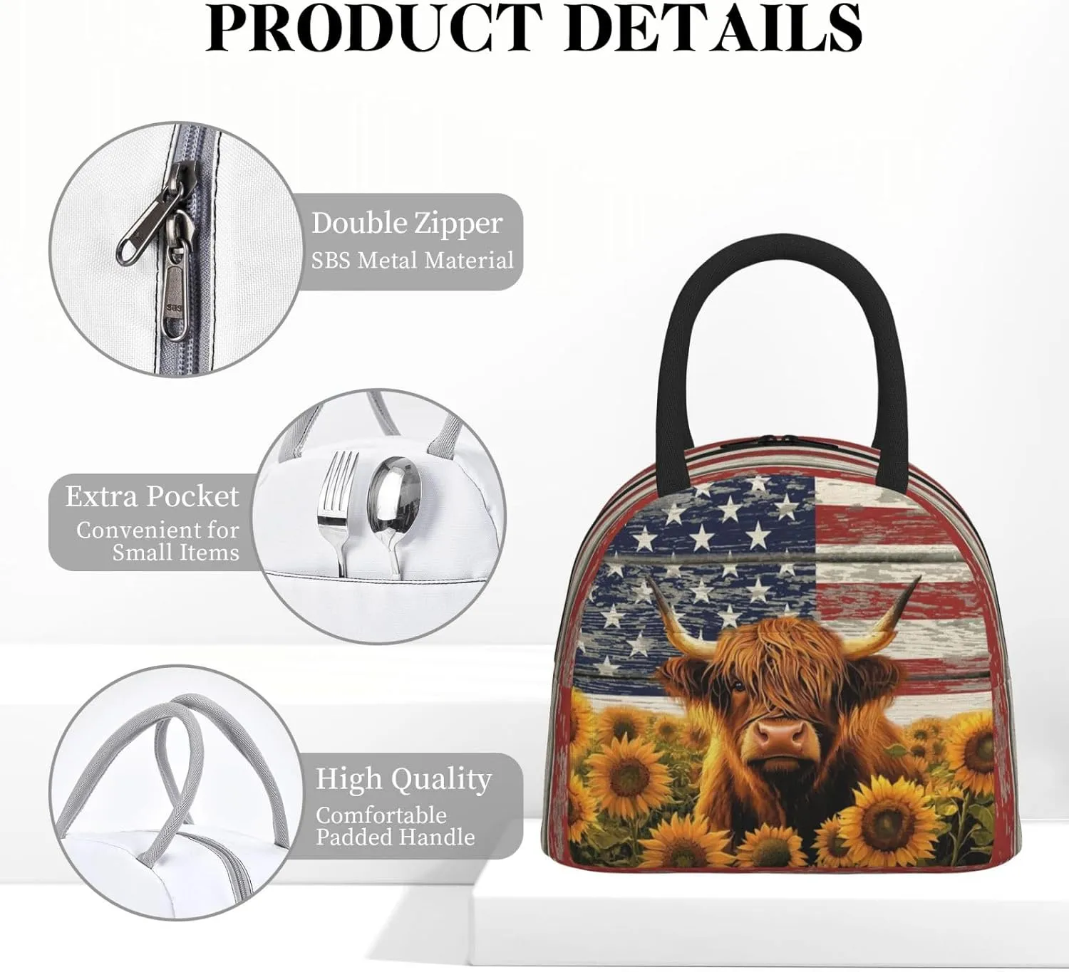 Highland Cow Lunch Bag for Women Sunflower Cow Controller Insulated Lunch Bag American Flag Cow Lunch Box Reusable Waterproof Leakproof Portable Lunch Tote for Work Office Travel Picnic Camping