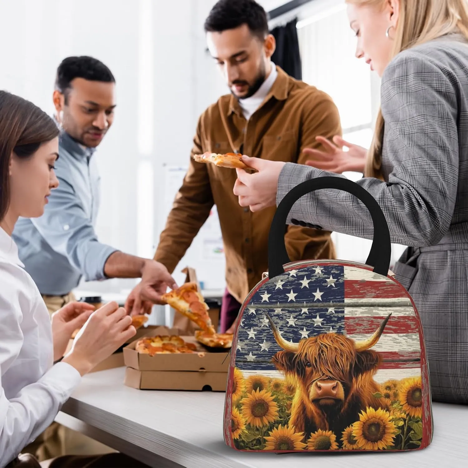 Highland Cow Lunch Bag for Women Sunflower Cow Controller Insulated Lunch Bag American Flag Cow Lunch Box Reusable Waterproof Leakproof Portable Lunch Tote for Work Office Travel Picnic Camping