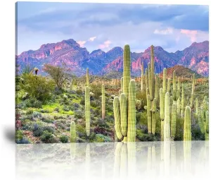 HJY Art Arizona Cactus Wall Art Sonoran Desert Poster Arizona Western Desert Cactus Landscape Wall Decor for Living Room Bedroom Bathroom Home Decorations Canvas Framed Artwork (24''H x 36''W)