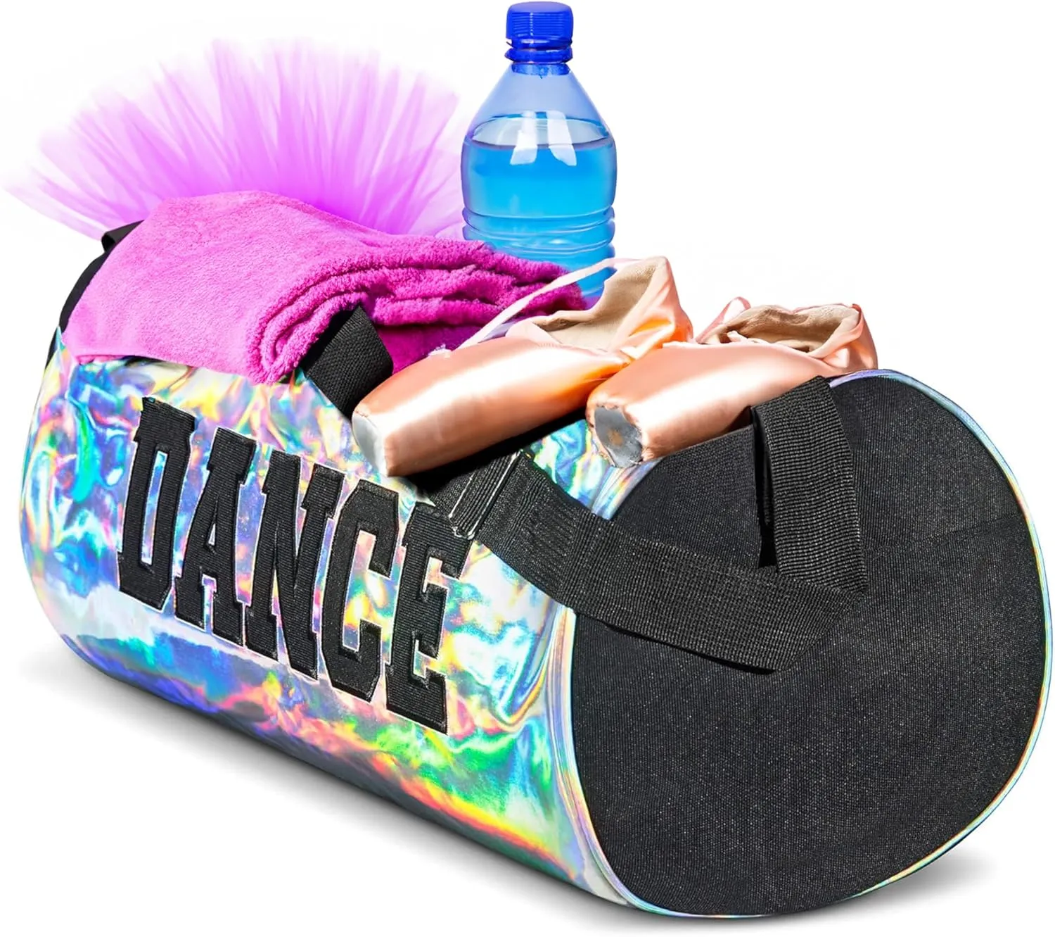 Holographic Dance Duffle Bag for Girls, Kids Travel Bag with Adjustable Carry on and Handy Pouch, Dance Accessories for Girls, Teens - 16 L
