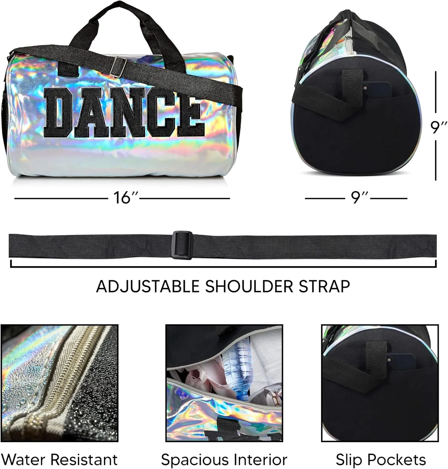 Holographic Dance Duffle Bag for Girls, Kids Travel Bag with Adjustable Carry on and Handy Pouch, Dance Accessories for Girls, Teens - 16 L