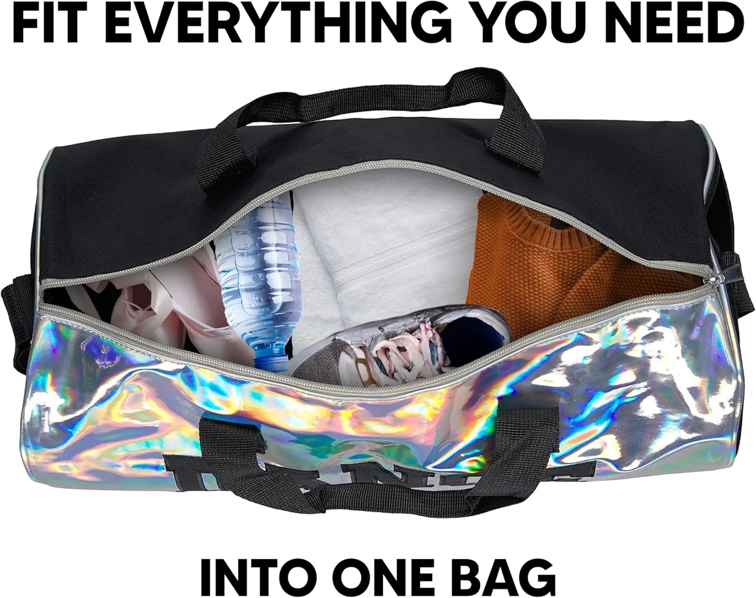 Holographic Dance Duffle Bag for Girls, Kids Travel Bag with Adjustable Carry on and Handy Pouch, Dance Accessories for Girls, Teens - 16 L