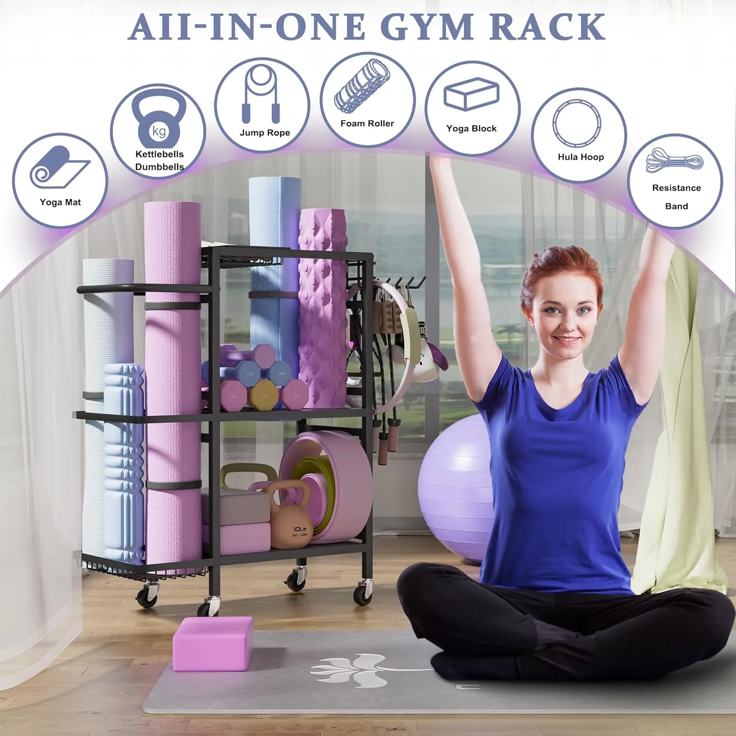 Home Gym Storage Rack, 3 Tier Yoga Mat Storage Rack with Wheel for Yoga Lover, Exercise Equipment and Workout Equipment Organizer, Yoga Mat Holder for Yoga Mats, Foam Roller and Dumbbells