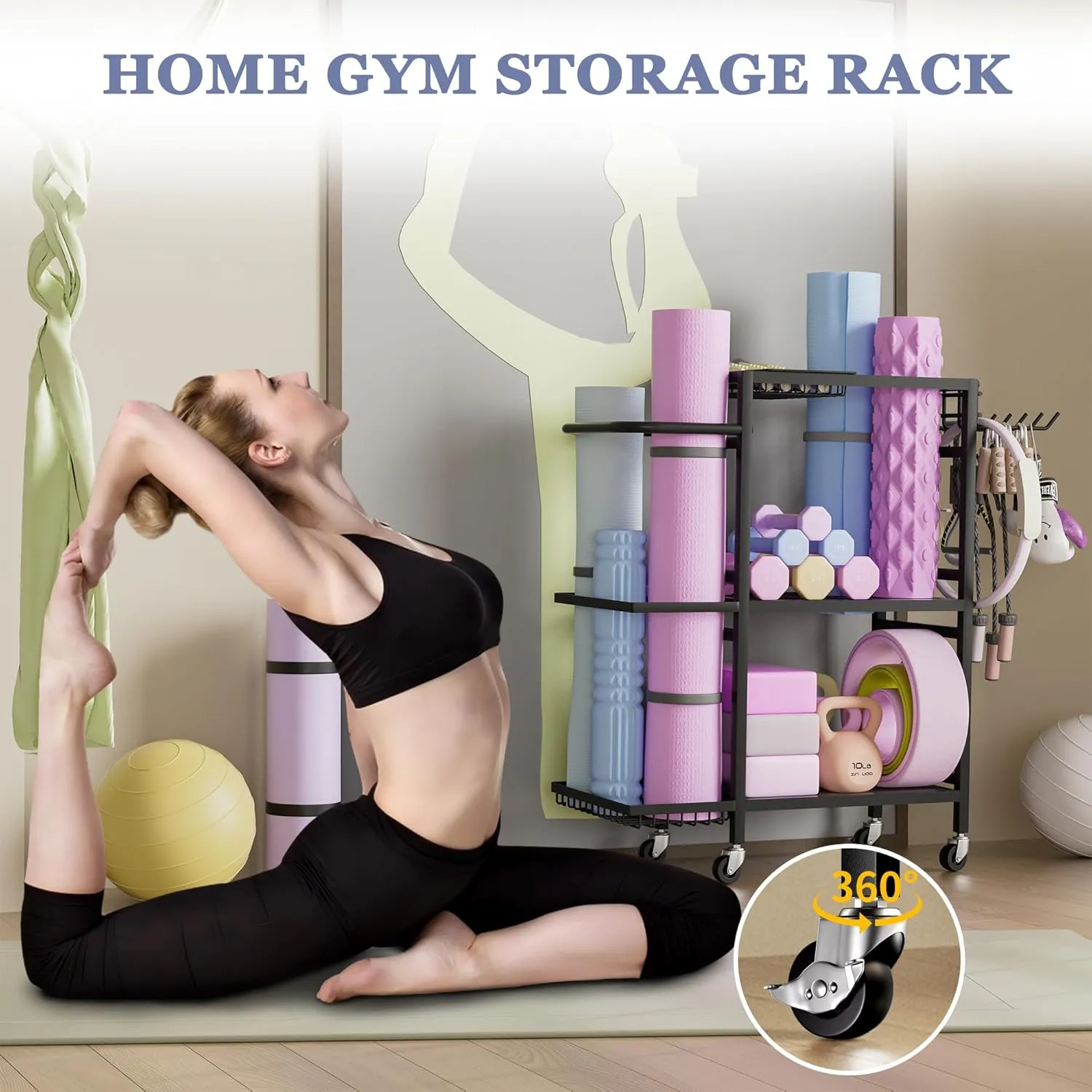 Home Gym Storage Rack, 3 Tier Yoga Mat Storage Rack with Wheel for Yoga Lover, Exercise Equipment and Workout Equipment Organizer, Yoga Mat Holder for Yoga Mats, Foam Roller and Dumbbells