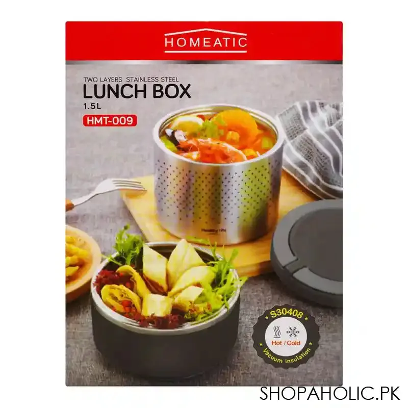 Homeatic Stainless Steel Office Lunch Box, Two Vacuum Insulated Layers, 1500ml Capacity, Grey, HMT-009