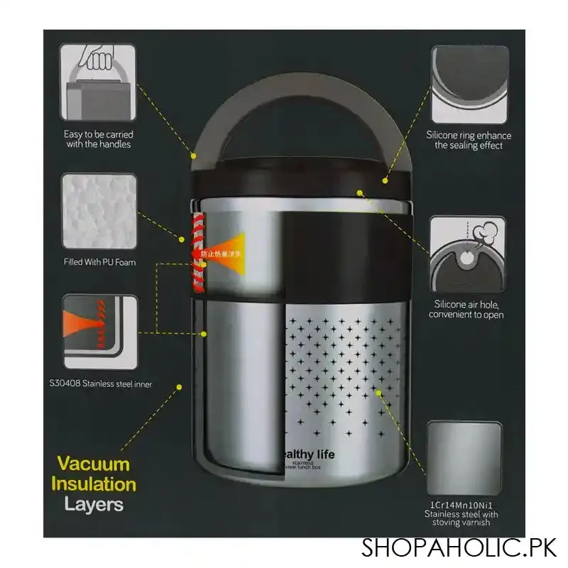 Homeatic Stainless Steel Office Lunch Box, Two Vacuum Insulated Layers, 1500ml Capacity, Grey, HMT-009
