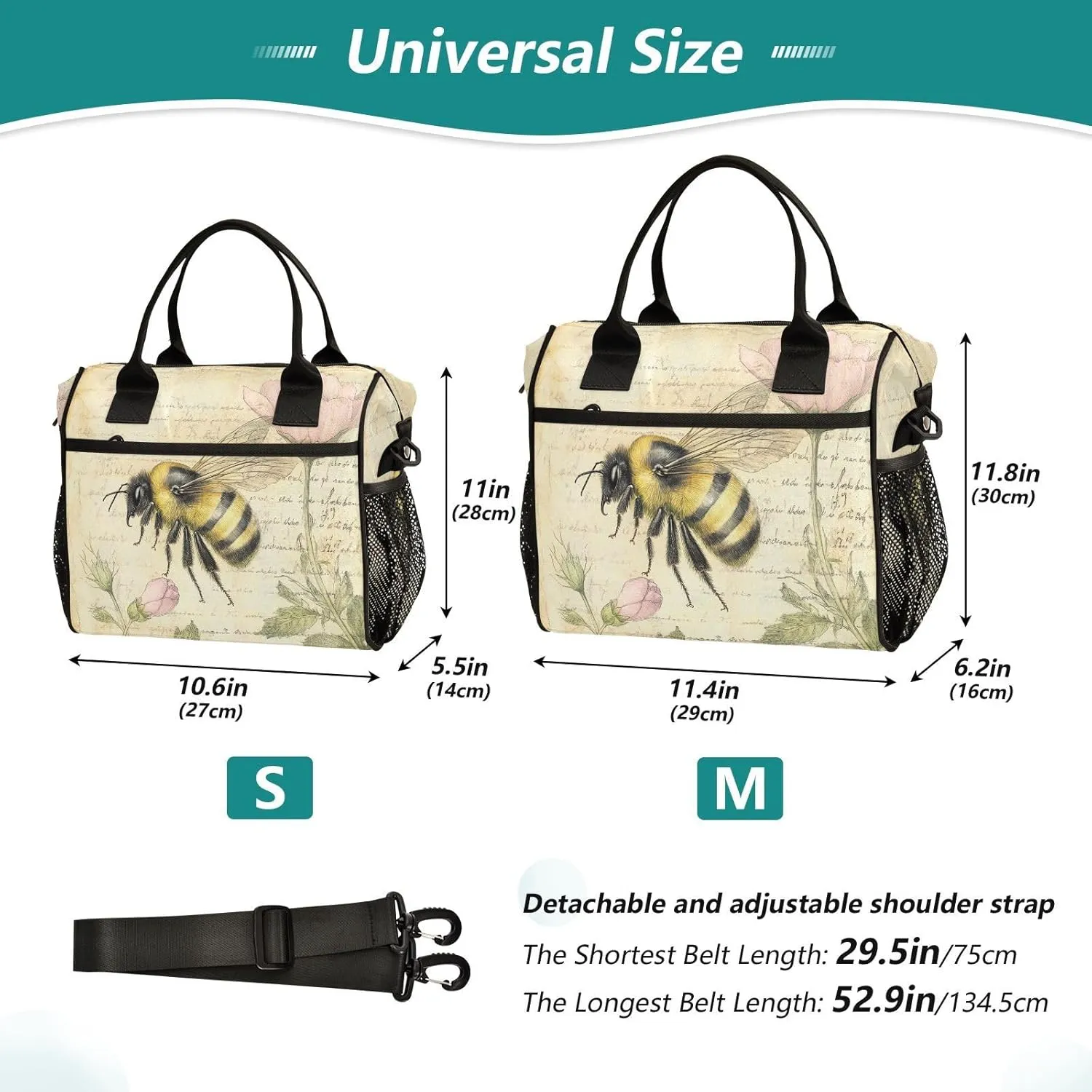 Honeybee Flower Beige Lunch Bag for Women Insulated Lunch Box Container with Adjustable Shoulder Strap for Beach Travel M
