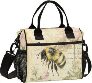Honeybee Flower Beige Lunch Bag for Women Insulated Lunch Box Container with Adjustable Shoulder Strap for Beach Travel M