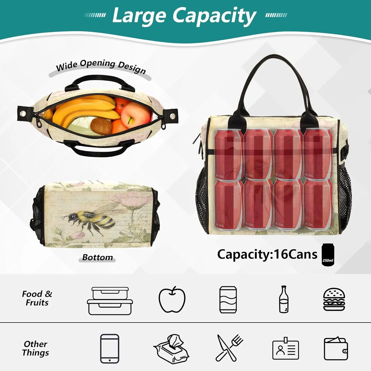 Honeybee Flower Beige Lunch Bag for Women Insulated Lunch Box Container with Adjustable Shoulder Strap for Beach Travel M