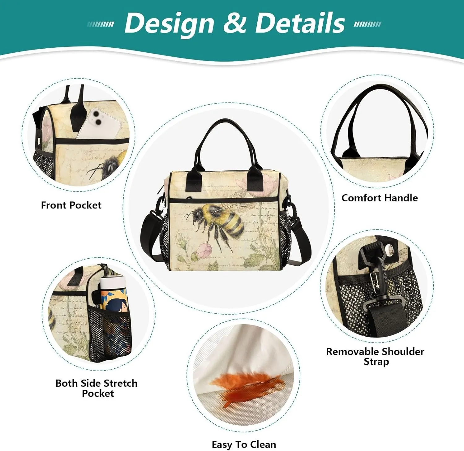 Honeybee Flower Beige Lunch Bag for Women Insulated Lunch Box Container with Adjustable Shoulder Strap for Beach Travel M