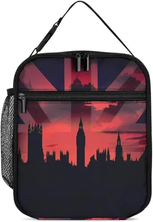 Houses of The Parliament Silhouette on UK Flag Historic Urban Skyline Lunch Bag Insulated Lunch Box Reusable Lunch Containers Tote Bags for Work Travel
