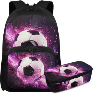 HUGS IDEA 3D Football Backpack for Boys for School Cool Soccer Bookbag and Lunch Box Set for Boys 17 Inch Elementary School Backpack for Kids Lightweight Book Bag for 2nd Grade